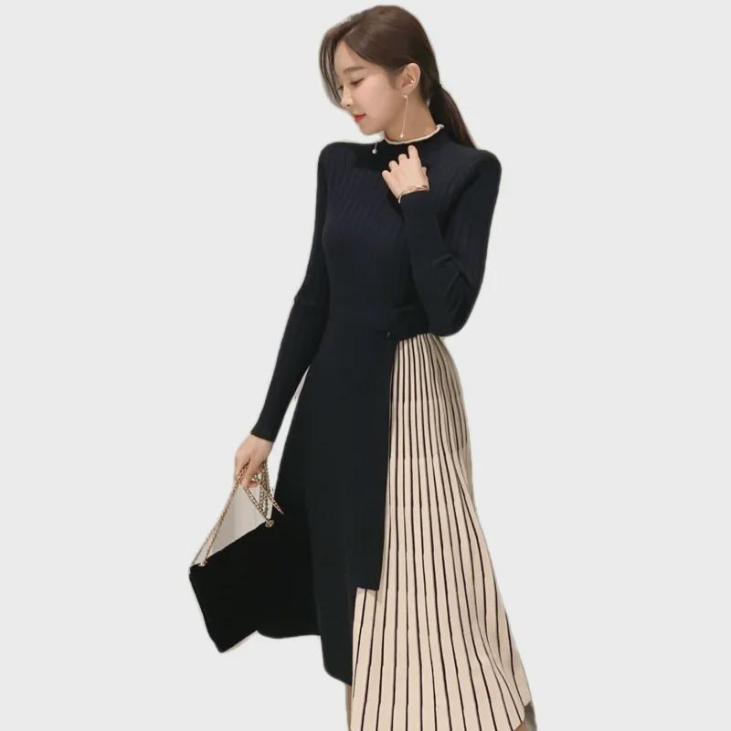 Rochie pulover cu croială cloș, cu talie din dantelă, stil coreean pentru femei, Toamnă/Iarnă 2023