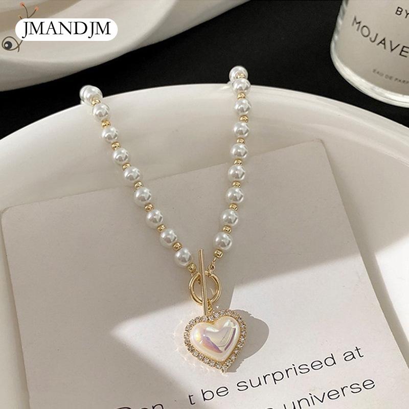 Nytt elegant perleperlekjede for kvinner Damemote Rhinestone Shell Heart Pendent Halskjede Choker smykker LXY
