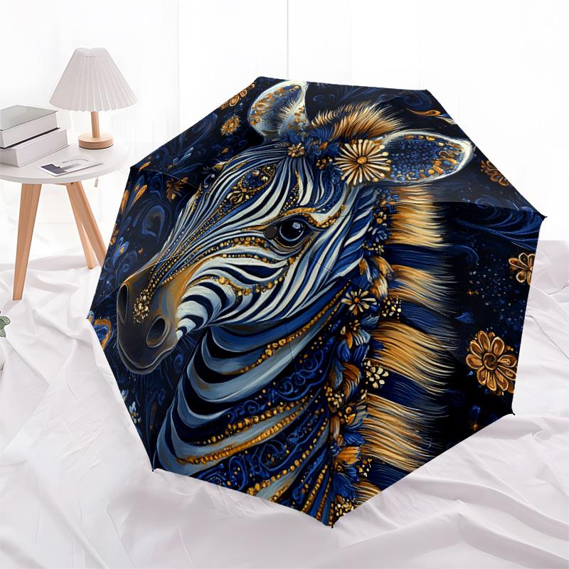 1 PC Automatic Folding Umbrella - Golden Zebra Pattern, Portable & Foldable Design with 8 Ribs, Christmas Birthday Gifts