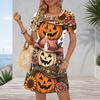 Women Plus Size Round Neck Short Sleeve Halloween Sloth Printed A Line Dress