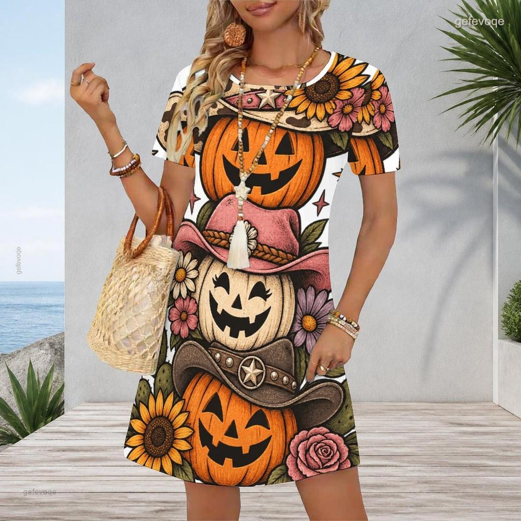 Women Plus Size Round Neck Short Sleeve Halloween Sloth Printed A Line Dress