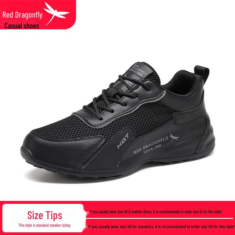 Red Dragonfly Men's Waterproof Leather Sneakers with Mesh Upper, Thick Rubber Sole, and Height Boost for Spring/Autumn Travel