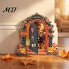 Unique Halloween Shelf Decor Mouse Hole Wall Decoration, Retro Arched Fairy Door with Pumpkin Cute Room Accessories & Flower Decor, Miniature Openable