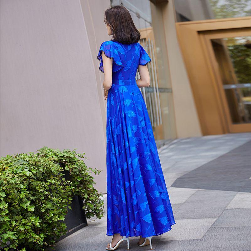 French Style Chiffon Summer Dress Women Long Elegant Beach Dress with Flowy Hem