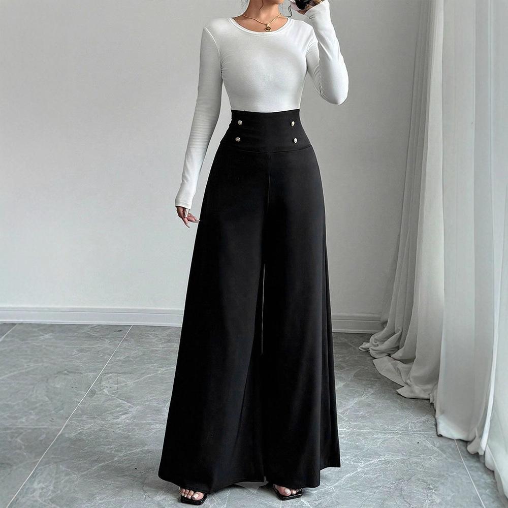 New Women's High Waist Black Straight Wide Leg Pants, Polyester Blend Patchwork Lightweight Trousers for Office & Street Fashion