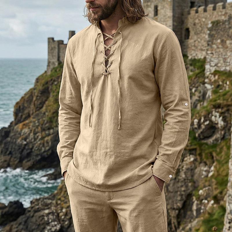 Herren Beachwear Beige Leinen Schnürung V-Ausschnitt Bluse Freizeit