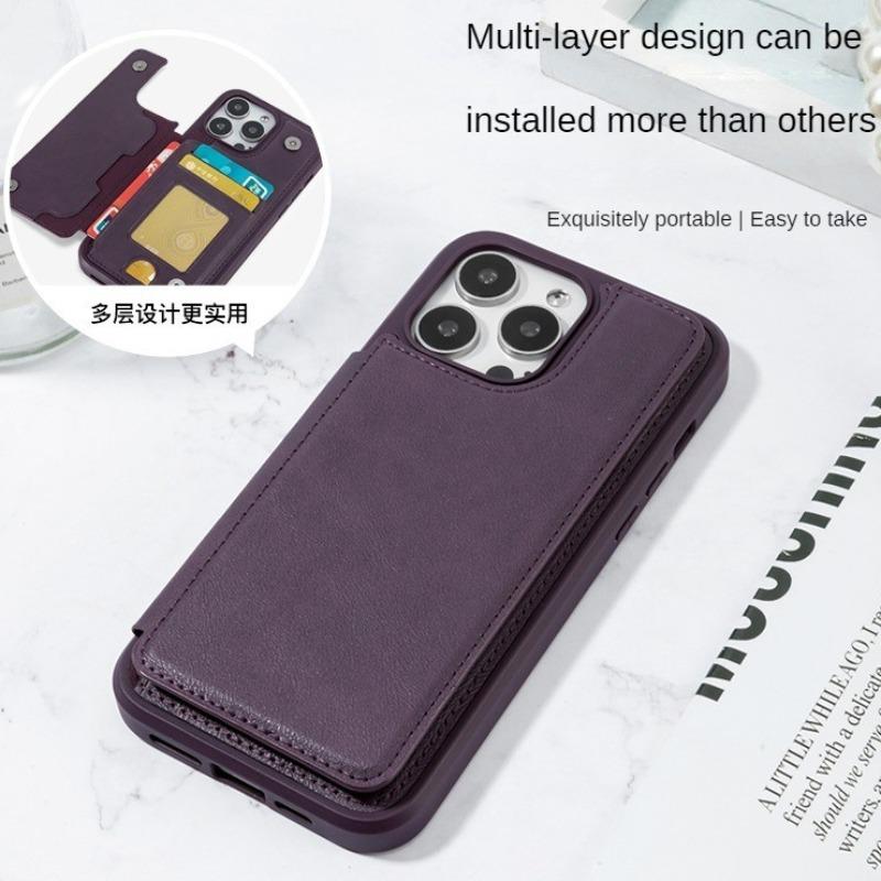 Bracket Holder Card Bag Kits Cowhide Leather Case For iPhone 15 Pro Max 14 Plus 13 Pro 12 Magnetic Wallet Stand Flip Phone Cover