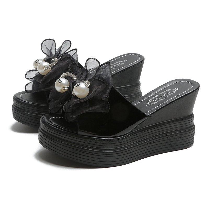 Pantoufles cool à talons compensés bouche de poisson pour femmes, mode printemps été, nœud perlé, mot muffin, pantoufles à semelles épaisses