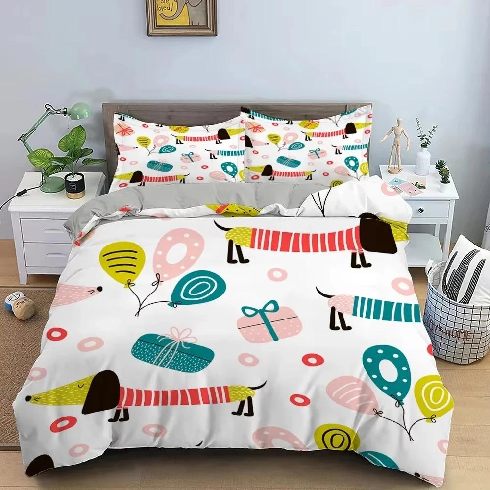 Dachshund Duvet Cover Set Cartoon Puppy Ultra Soft Breathable Comforter Cover With Zipper Adults And Kids Dog Queen King Bedding