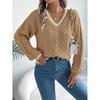 Women's Sweater Fashion Style Casual Autumn Winter New Color Blocking V-Neck Fried Dough Twist Lantern Long Sleeved Sweater