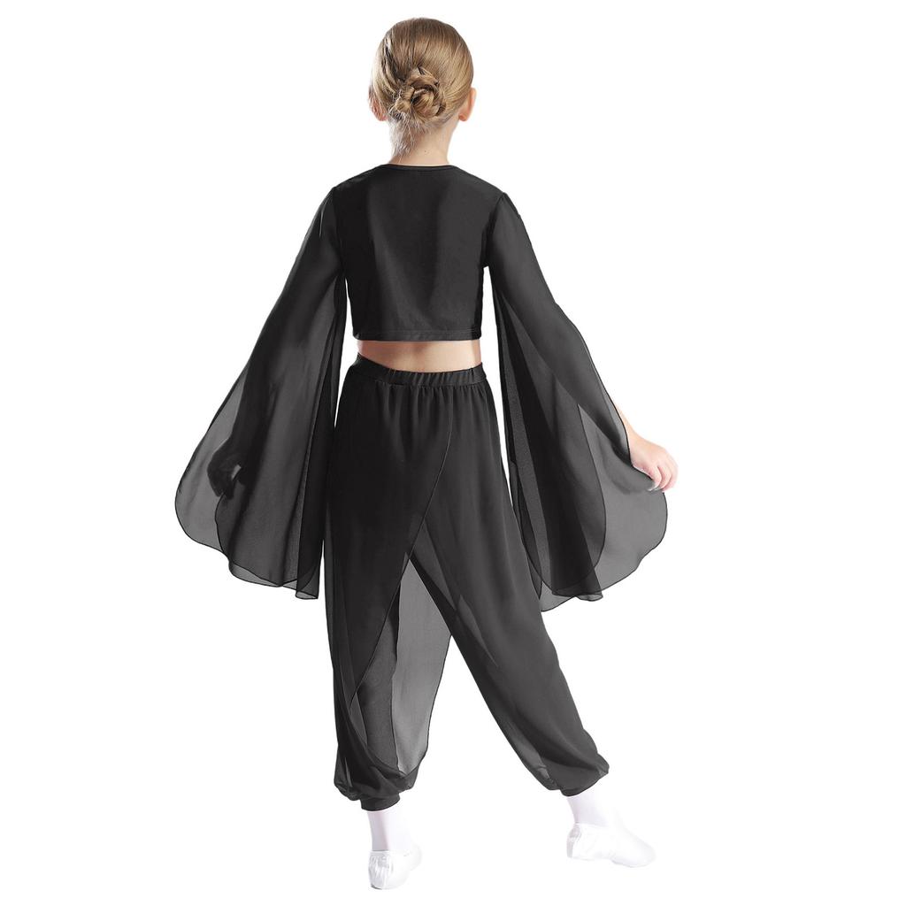 Girls Classical Dance Set V Neck Crop Top Flared Sleeves Design with Practice Pants Performance Outfit
