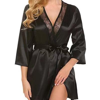 Damen Sexy Spitze Satin Morgenmantel Nachtwäsche Kurzes Nachthemd Kimono Bademantel Lingerie Nachthemdkleid Weich Bequem Schwarz Übergröße