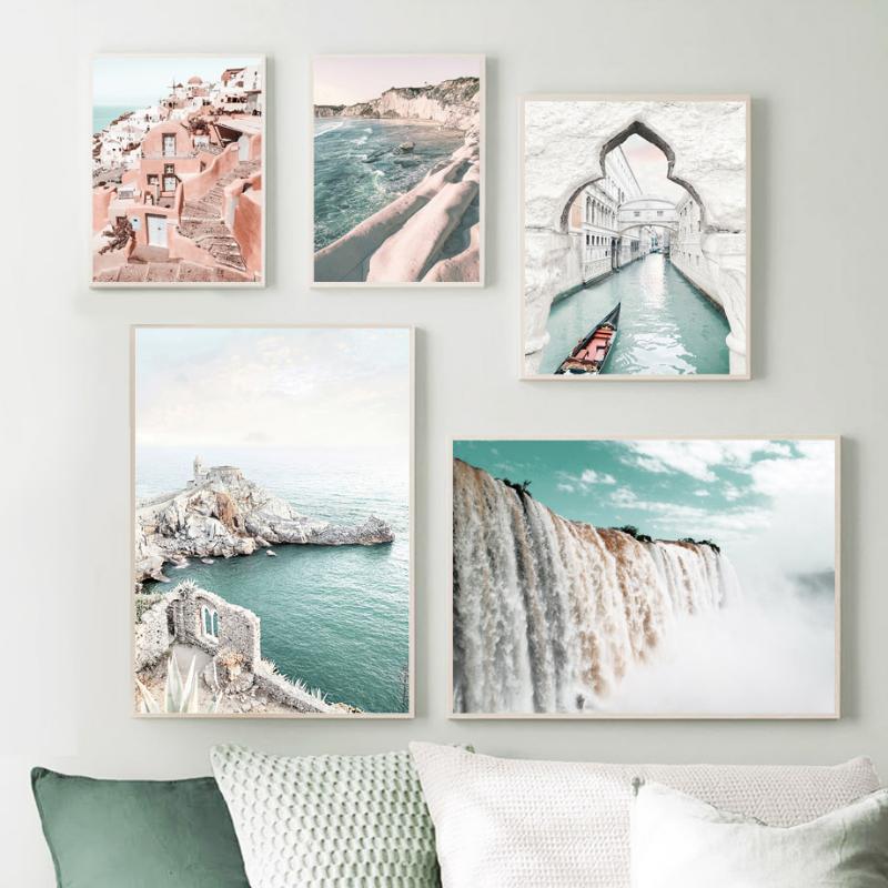 Venice Amalfi Coastal City Poster River Waterfall Canvas Painting Nordic Bedroom Art Wall Picture For Livingroom Home Decoration