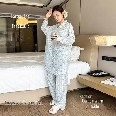 Autumn Pure Cotton Pajamas - Plus Size Women's Homewear, Slimming Print, Extra Large & Comfortable.