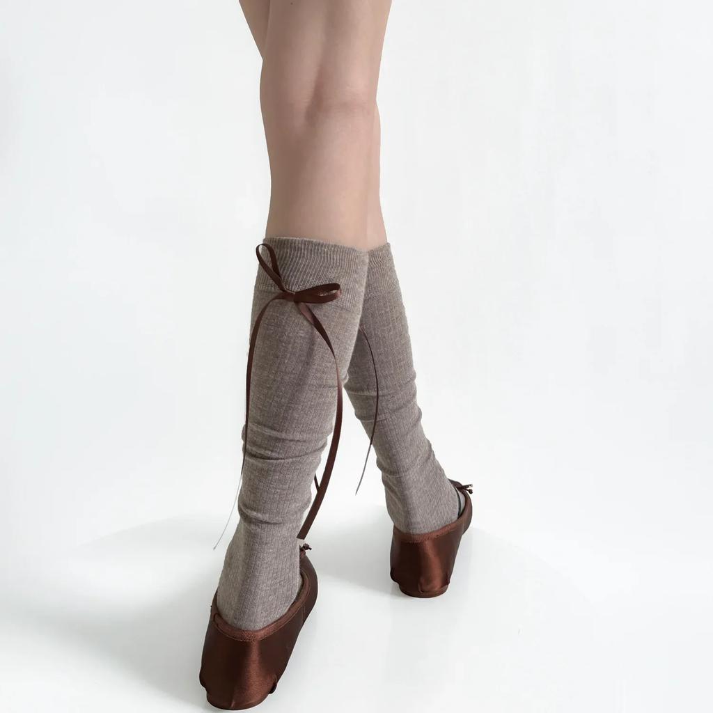 Stockings Women Wool Warm Knee Socks Women Stockings Lolita Kawaii Ribbon Bow Solid Color Long Socks Stockings Autumn And Winter