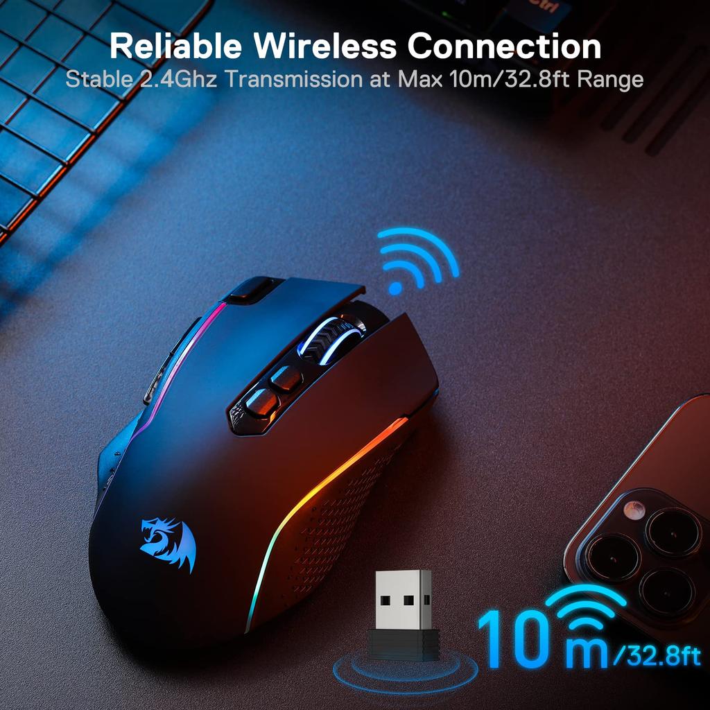 Redragon M810 Pro Gaming Wireless 10000 8 Programmable Turbo Up To 45 Hours Continuous RGB Compatible with Black Mouse, 2.4GHz, Wired/Wired