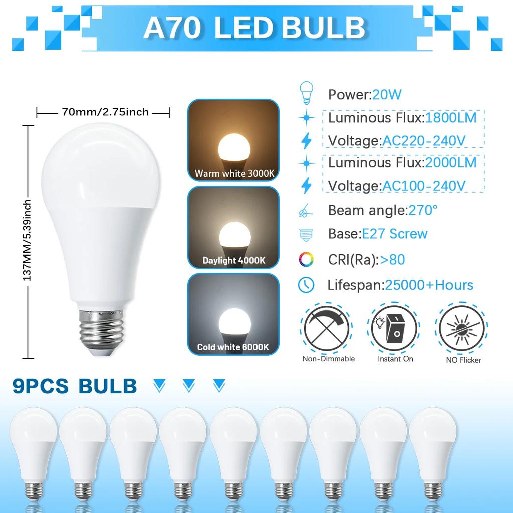 1-10pcs 20W LED Light Bulb E27 Base LED Bulb 110V 230V 6500K Warm/Cool White Non Dimmable 2000LM for Bedroom Living Room Kitchen