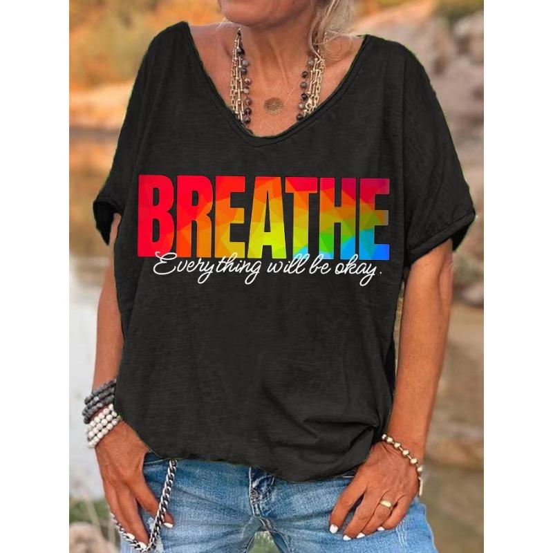 Ilstile Damen Atmungsaktive T-Shirts mit Buchstabenaufdruck Sommer Kurzarm Lässige Lockere V-Ausschnitt Tops T-Shirts Schwarz Blau NEU