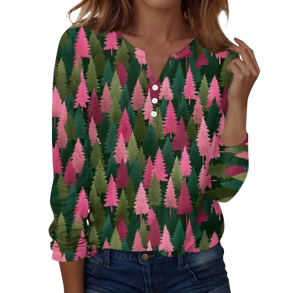Women's Fashion Casual H Printed V-Neck Long Sleeve Decorative Button T-Shirt Tops