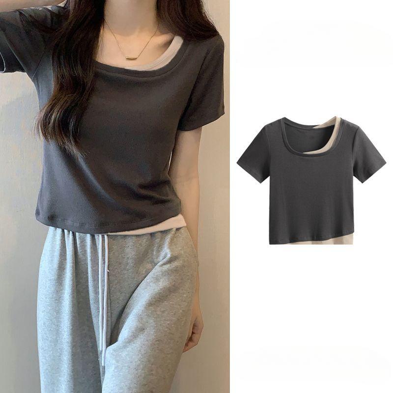 WTEMPO Brand Short-sleeved T-shirt Women's Summer Fake Two Niche with Design Sense of The Niche Sexy Slim Short Tops