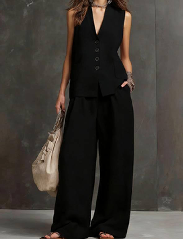 

European & American Summer Women s Linen Set: Sleeveless Vest + Wide-leg Pants - Gentle & Stylish 2026 Collection 3XL чорний