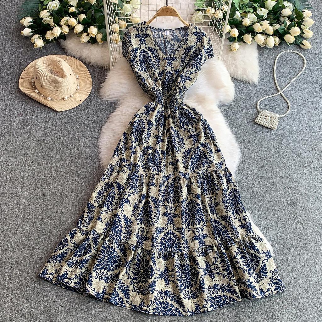 French light and mature style temperament printed V-neck dress women's new elastic pleated waist thin ruffle edge dress