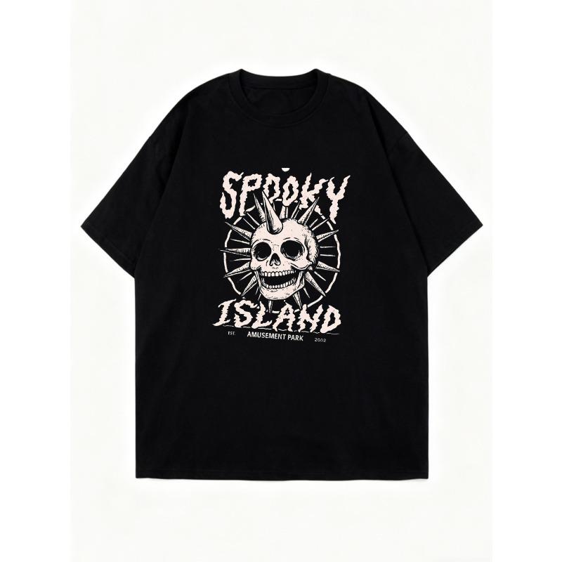Oversized T-Shirt Black Spooky Island Skull And Sunburst Graphic Print Amusement Park Theme Halloween Party Wear