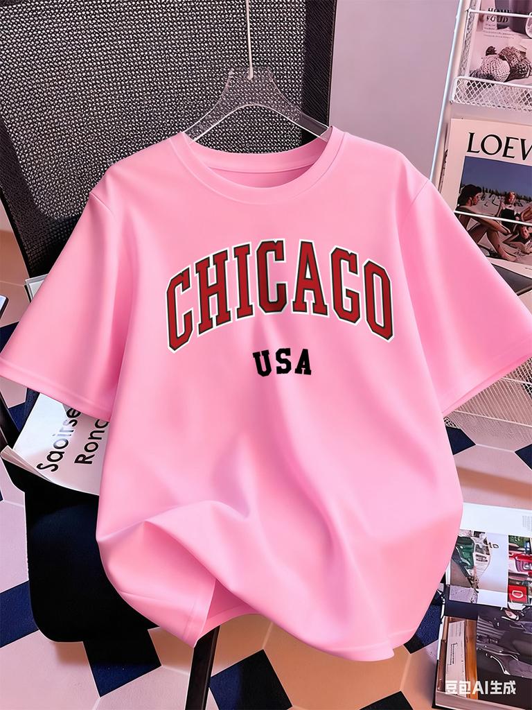 Chicago Usa Letter Printing TShirt Women Summer Short Sleeve Tops Comfortable Soft ONeck T Shirt Casual Womans Clothes