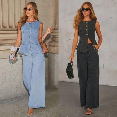 Euro-American Fashion Sleeveless Vest with Wide-Leg Jeans Denim Suit