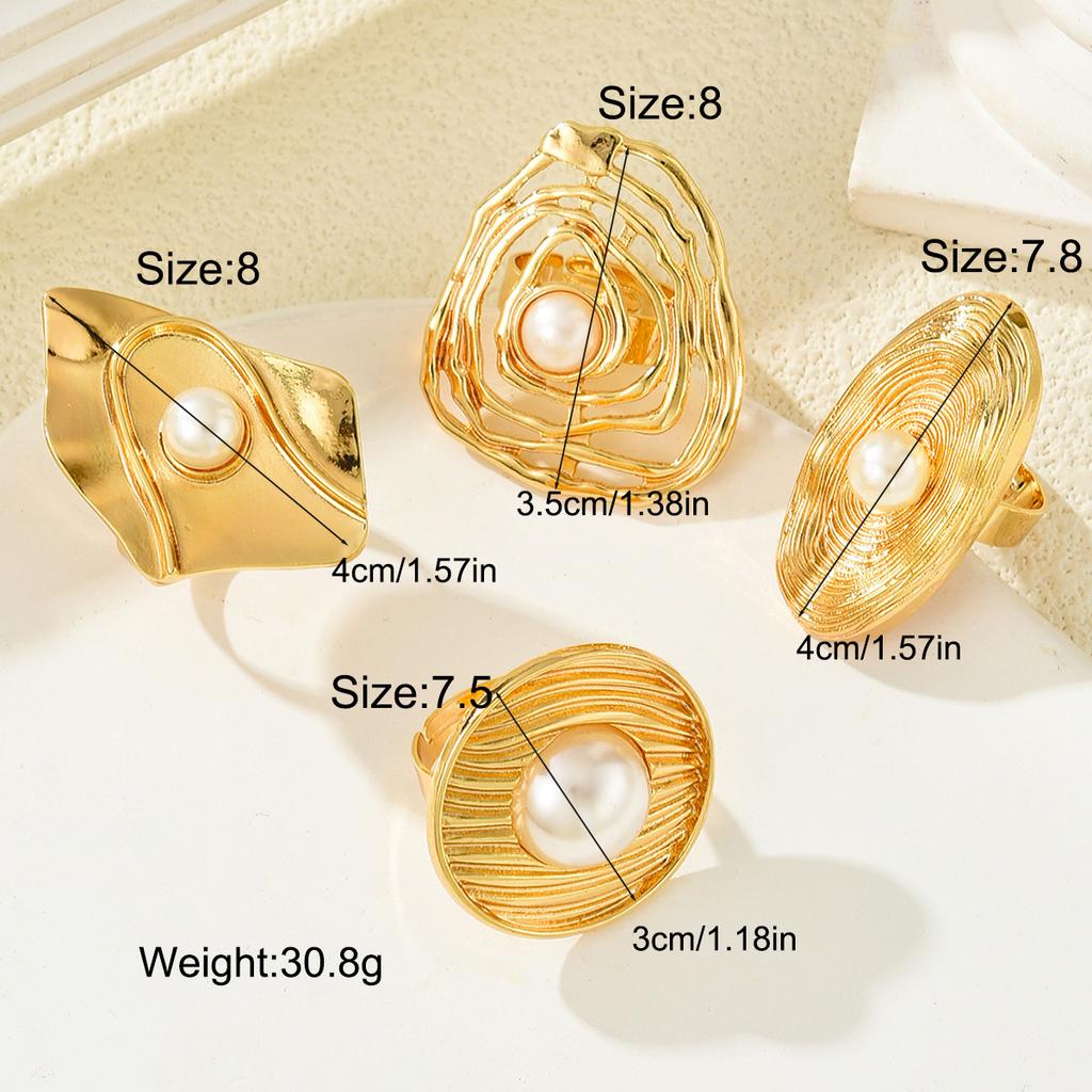 4Pcs/Set Geometric Exaggerate Pearl Chunky Ring Set for Women Vintage Punk Gold Color Adjustable Rings Fashion Party Jewelry New