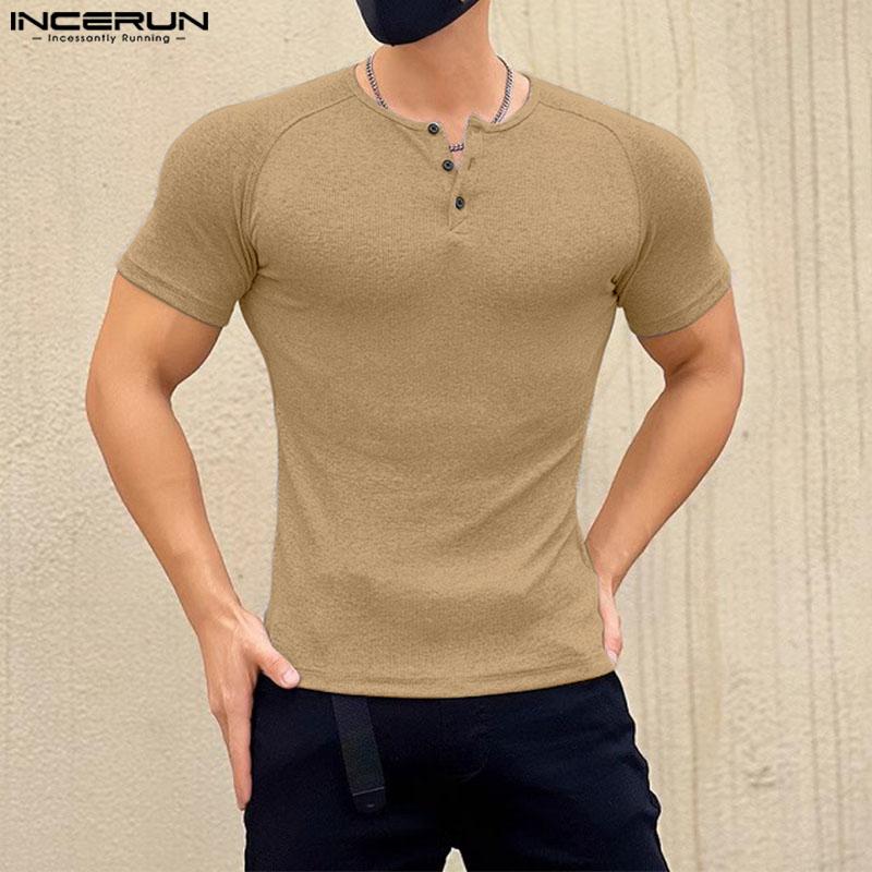 INCERUN Summer Men Short Sleeve Casual Texture Henley Tops T-shirts