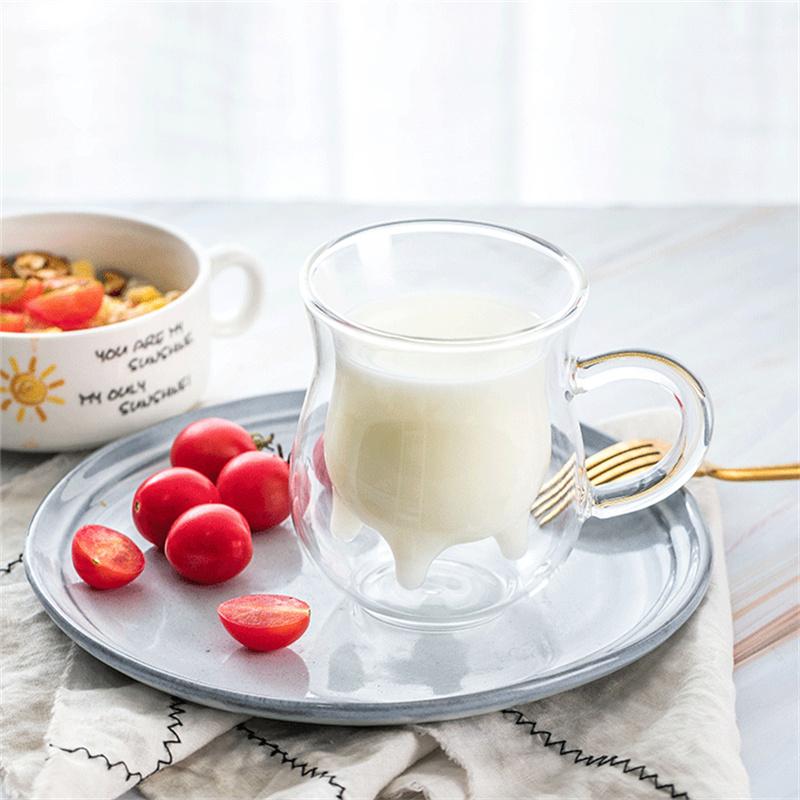 Cute Heat-resistant Double Wall Glass Cow Udder Shape Milk Cup Handle Juice Coffee Mugs Creative Gift
