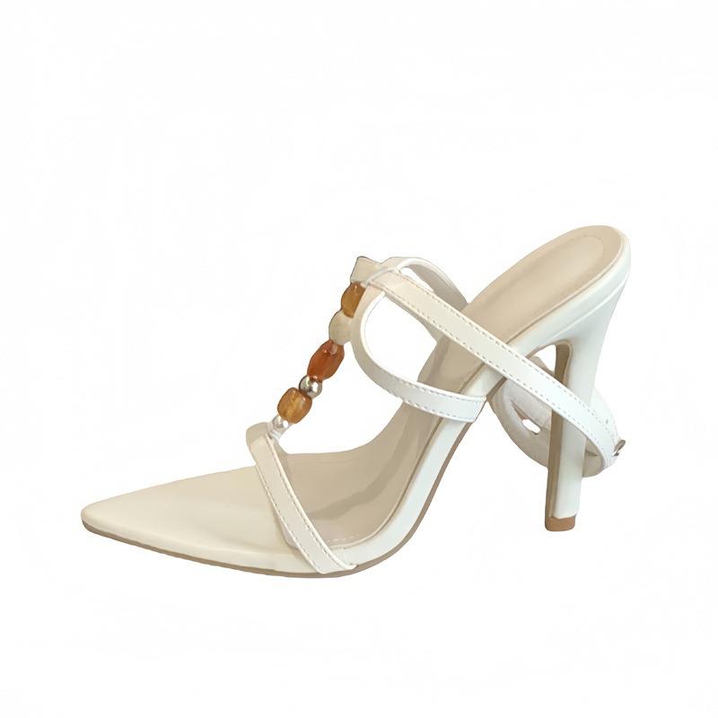 Color Matching Super High Heels New Pointed Open-toed Lucky Stone Beaded Strap One-word Strap Stiletto Sandals