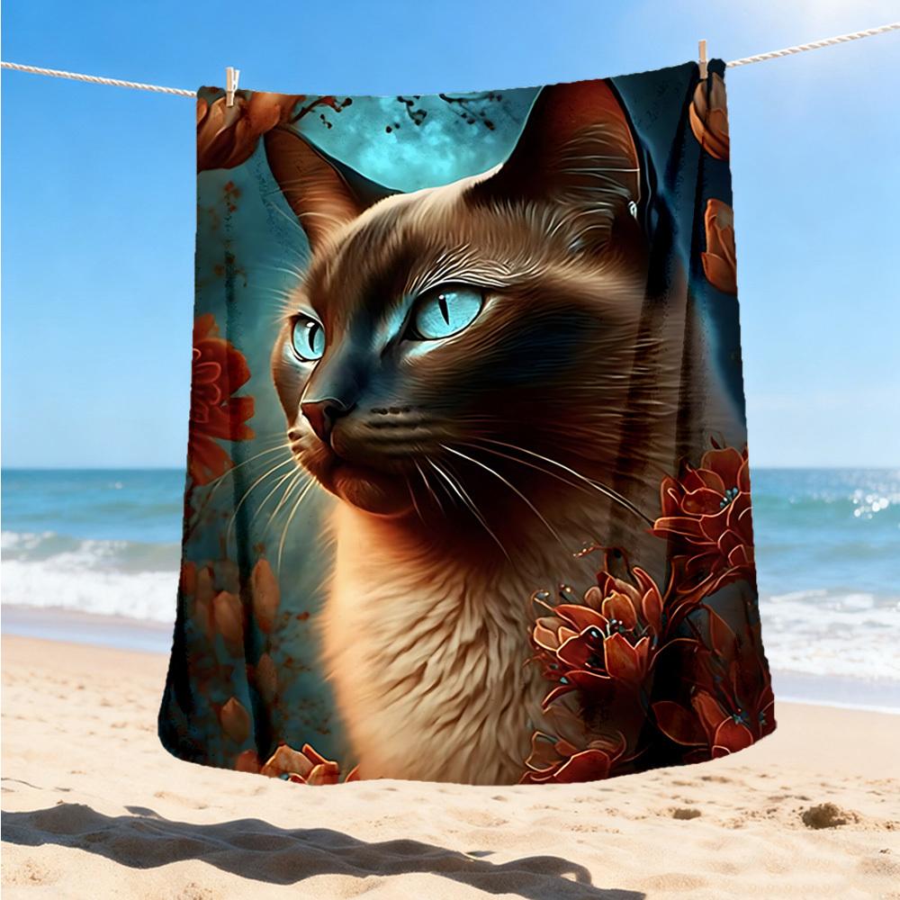 

1pc Cat Flowers Outdoor Flannel Blanket Soft All Season Polyester Throw , Perfect for Picnics & Travel , Picnic Accessory 80x120cm