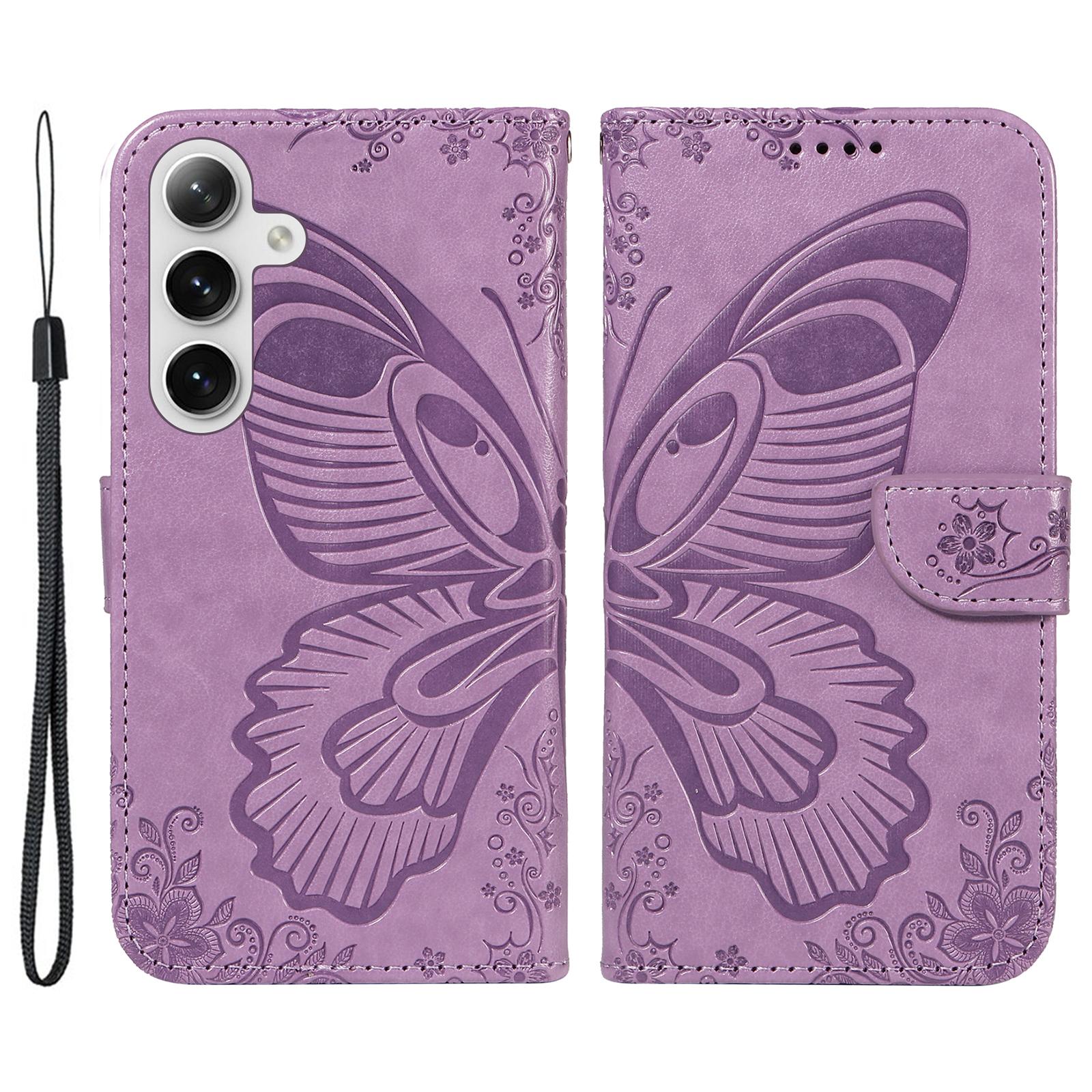 

For Samsung Galaxy S25/S24 Case Butterfly Imprint Leather Wallet Phone Cover with Strap Light Purple