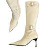 Women's Boots Fashion Stiletto Street Style Pointed Toe Rivet Belt Buckle Slimming Knee-High Boots with Zippers Women Shoes