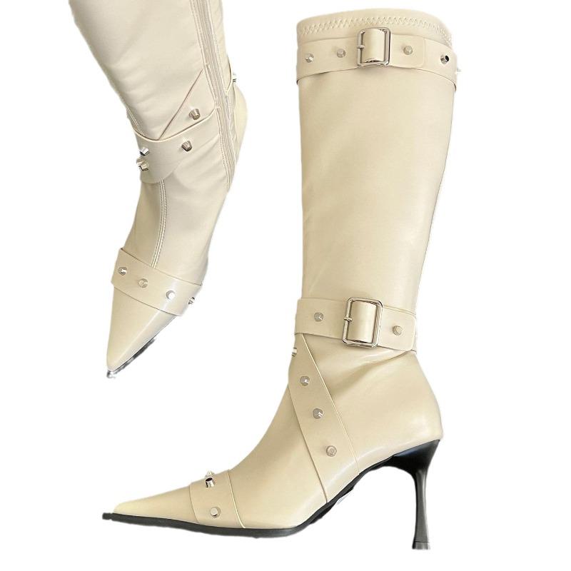 Women's Boots Fashion Stiletto Street Style Pointed Toe Rivet Belt Buckle Slimming Knee-High Boots with Zippers Women Shoes
