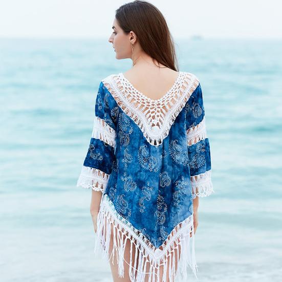 Rochie de plajă de vară Decupată Decolteu în V Franjuri lungi Potrivire de culori Mâneci trei sferturi Protecție solară Respirabilă Pulover Costum de baie Cover-up Îmbrăcăminte pentru femei
