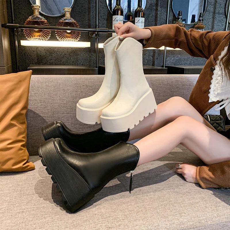Moda 9CM Punk Chunky Platformă Cizme Motocicletă Femei Fund Gros Antiderapant Cizme Combat Femeie Negru Alb Piele Glezna Botas Mujer