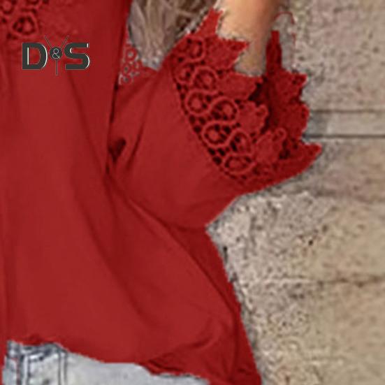 Women Tops V-Neck Embroidery Lace Trim Lace-up Long Sleeve Pullover Tops Solid Color Loose Fit Casual Style Shirt