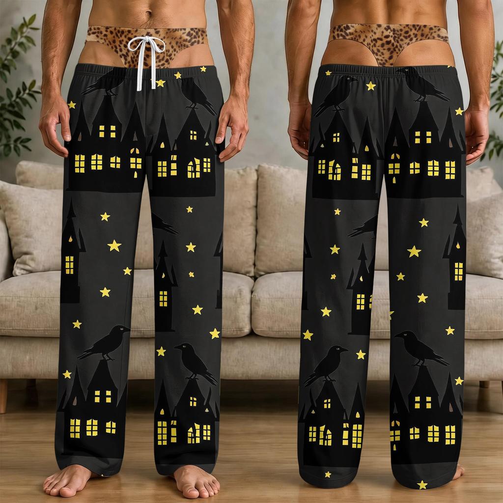 Men's Funny Halloween Print Pajama Pants with Pockets, Quirky Sleep Pants for Home