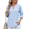 Camisetas para Mujer - Primavera Verano Camiseta Casual para Mujer Color Sólido Cuello en V Detalle de Botones Mangas Tres Cuartos Top para Mujer para Uso Diario