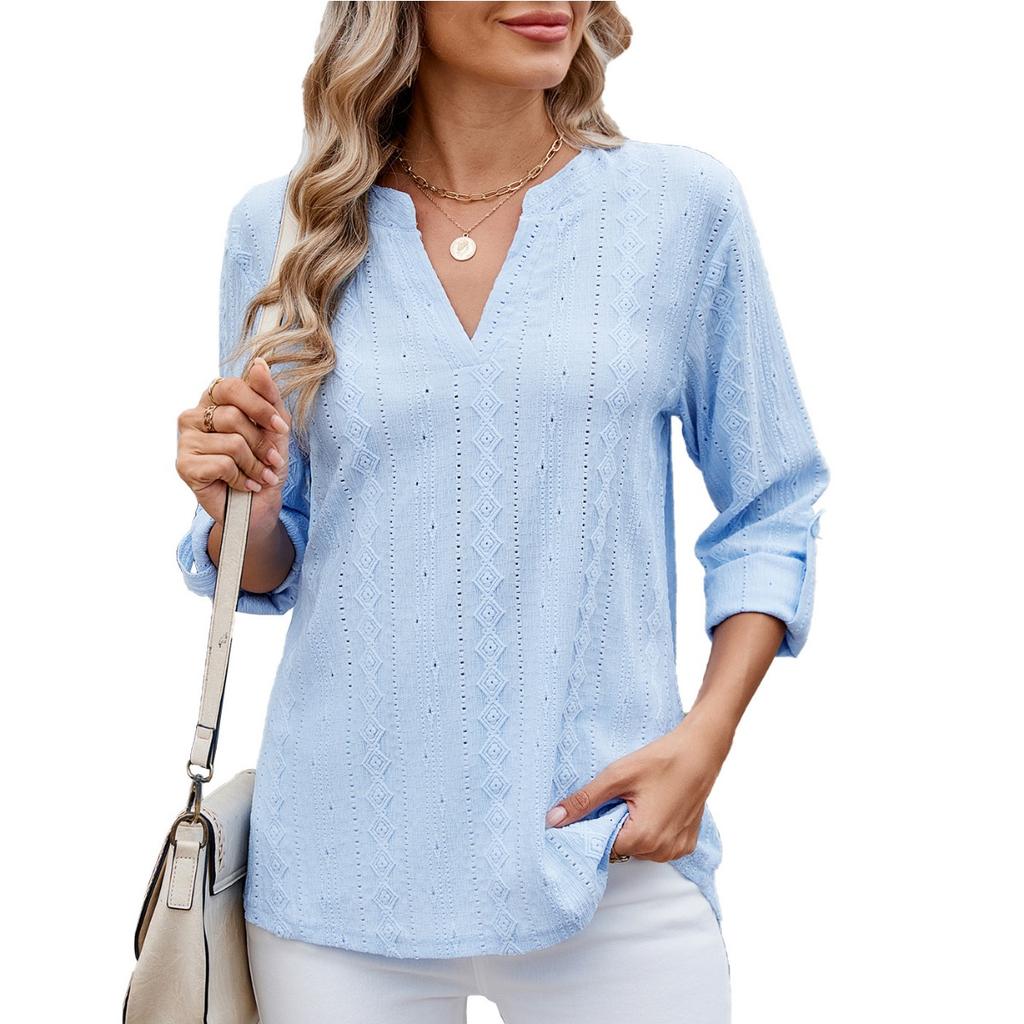 Camisetas para Mujer - Primavera Verano Camiseta Casual para Mujer Color Sólido Cuello en V Detalle de Botones Mangas Tres Cuartos Top para Mujer para Uso Diario