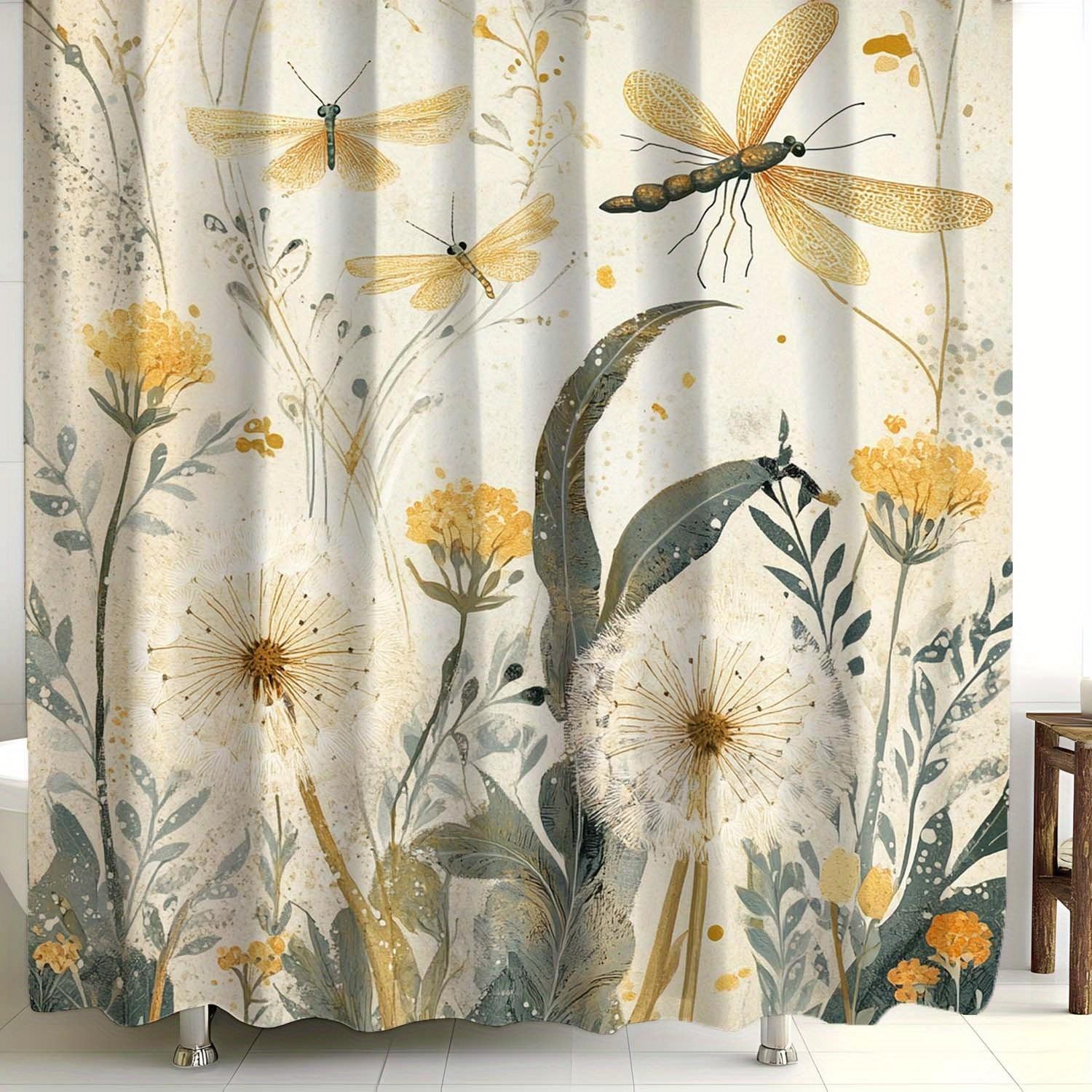 

Elegant Greenery & Dragonfly Shower Curtain - Waterproof Polyester, 12 Grommets, Machine Washable, Ideal For Bathroom W60H190(CM)-1 Pcs
