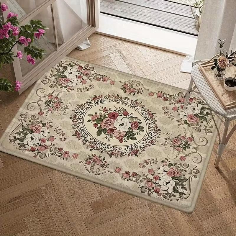 1 Pc Elegant Rose Green Printed Floor Mat with Non Slip Entrance Pad Suitable for Living Room and Bedroom