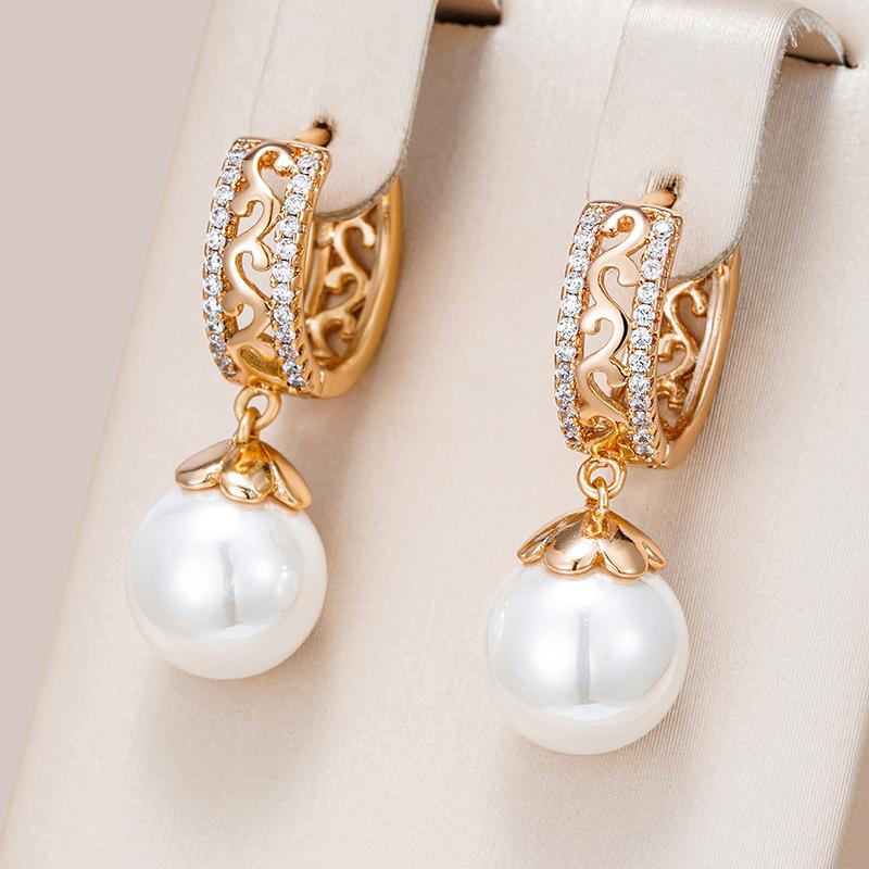Luxury  Rose Gold Color Pearl Drop Earrings For Women Unique Hollow Pattern Natural Zircon Bridal Wedding Fine Jewelry