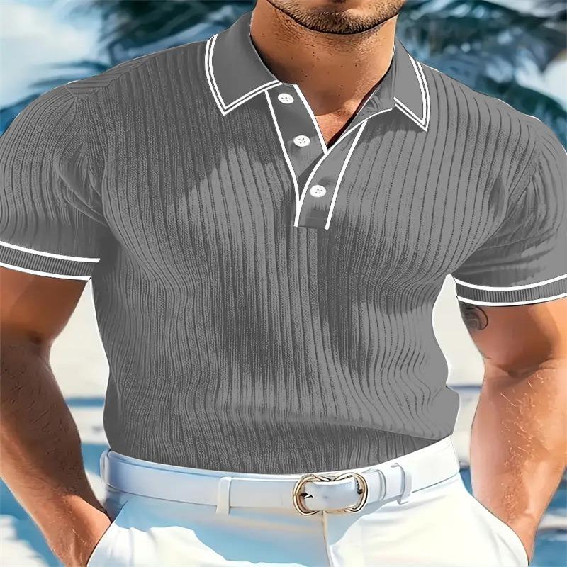 Men's Korean-Style Casual Loose Striped Polo Shirt Solid Color Button Short-Sleeve Pullover Top
