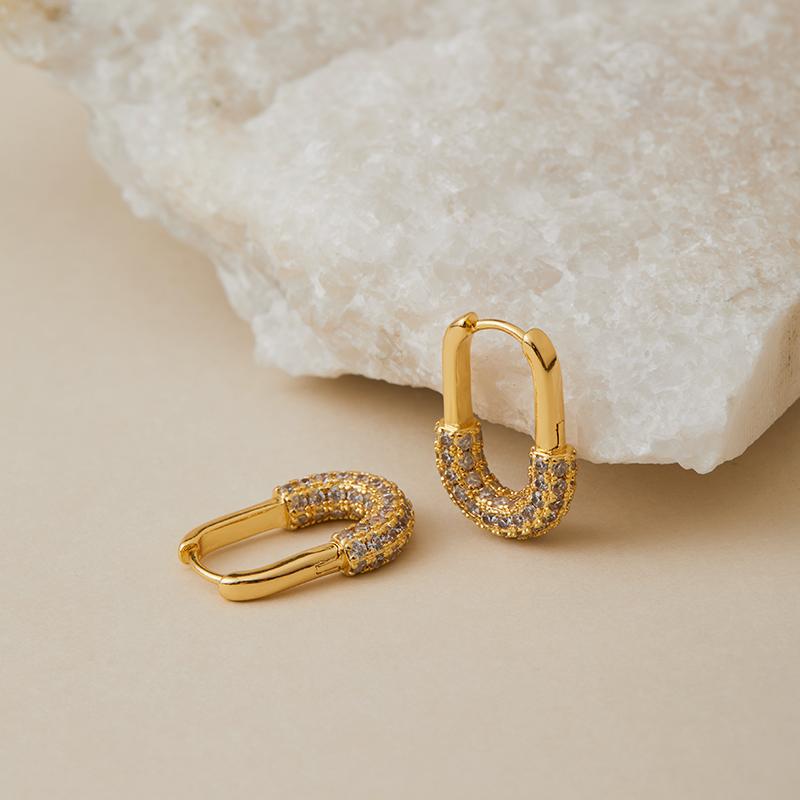 18K Gold Plated Copper U-shape Hoop Earrings with Pave Synthetic Turquoise Minimalist Gold Earrings for Women KE1806