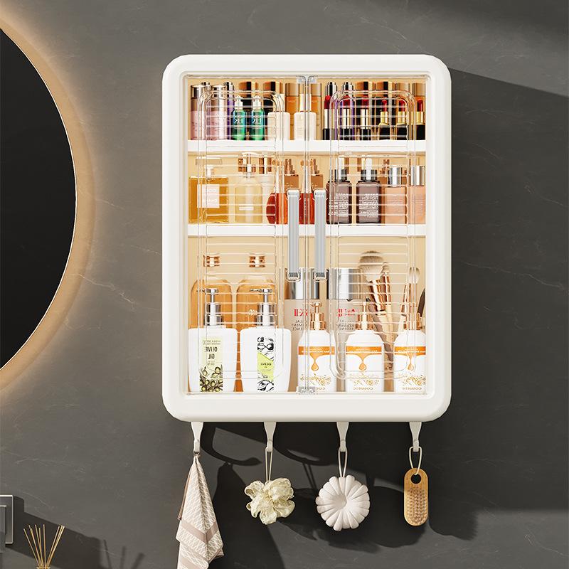 Punch-Free Cosmetics Storage Box Bathroom Storage Rack Wall Mounted Bathroom Shelf Dustproof Makeup Organizer