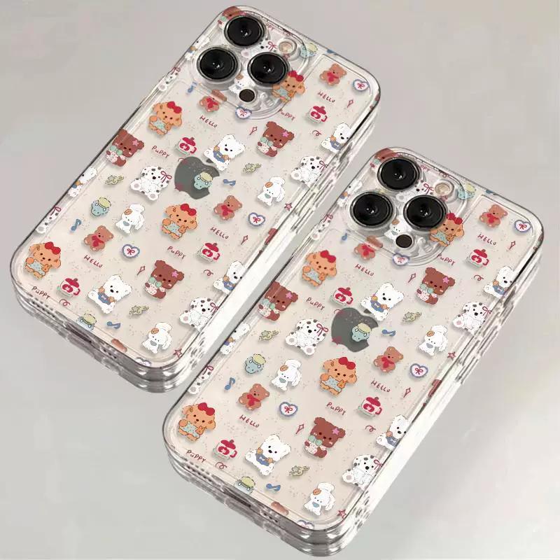 Cute Kawaii Cartoon Bear Puppy Clear Phone Case, Soft Pastel Aesthetic Shockproof Protective Cover for iPhone